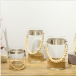 set of 3 clear glass cylinder vase lantern with rope handle metal ring for wedding and event