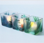 Square glass tealight candle holder with rainforest pattern set of 3